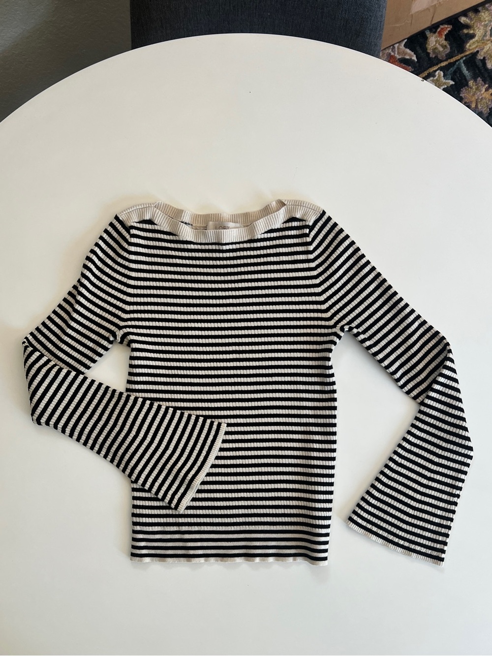 LOFT Black and White Striped Ribbed Long Sleeve Top